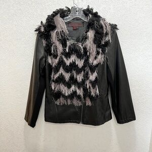 *FIRM PRICE* Simon Chang Moto Style Faux Leather and Feathery Detailed Jacket
